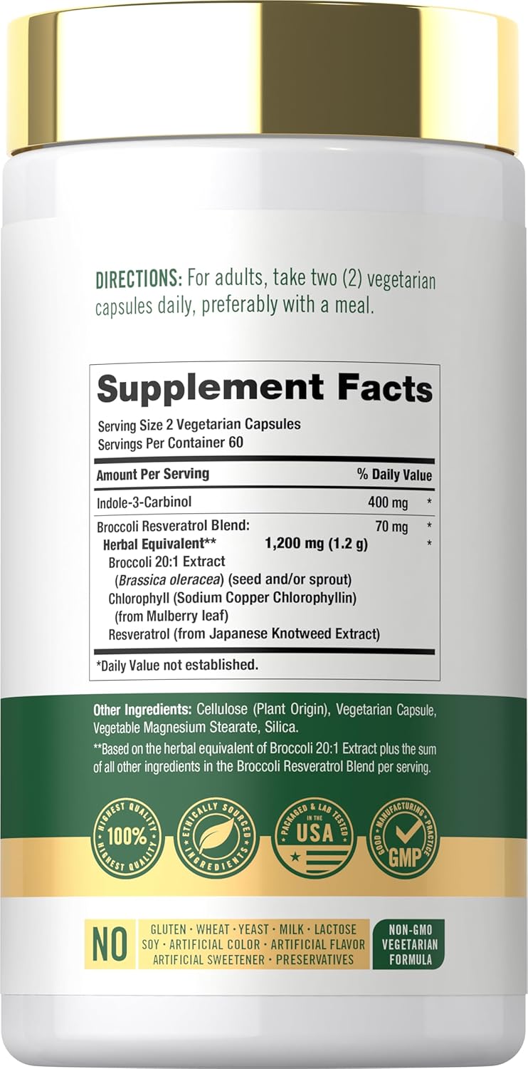 Bottle of Indole-3-Carbinol with 120 vegetarian capsules displayed.
