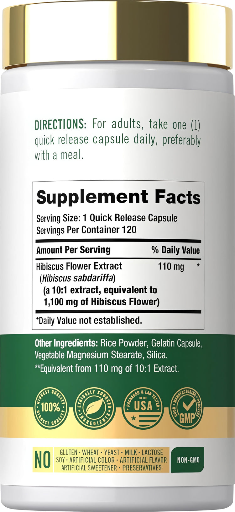 Hibiscus flower 1100 mg 120 Quick Release Capsules bottle displays Supplement Facts and dietary information.