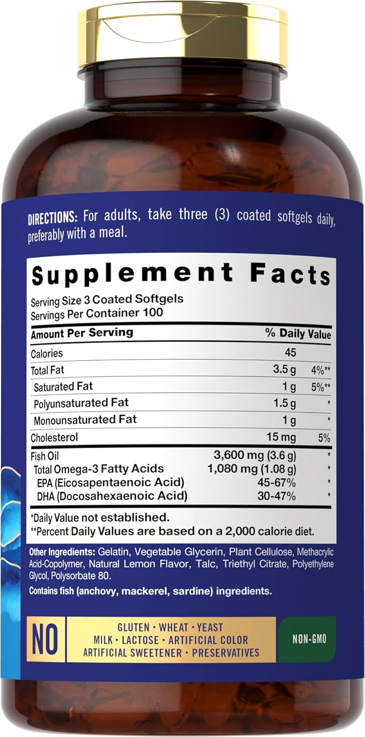 Supplement Facts panel for Carlyle Burpless Omega-3 Fish Oil 1200 mg, 300 softgels.