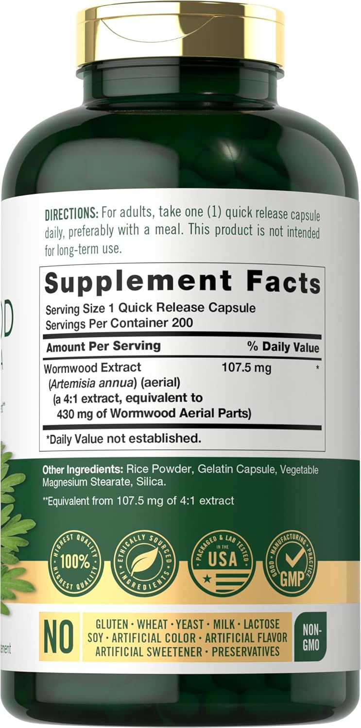 Wormwood bottle: Gluten & Wheat Free, Yeast Free, Milk & Lactose Free, Soy Free, No Artificial Color/Flavor/Sweetener/Preservatives, Non-GMO