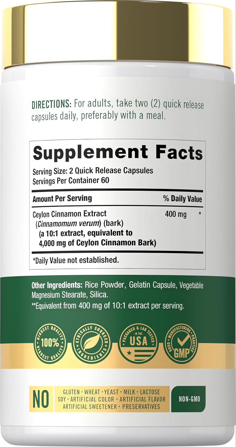 Carlyle Ceylon Cinnamon supplement with 4000 mg per serving, containing 120 quick release capsules, ideal for daily health support.