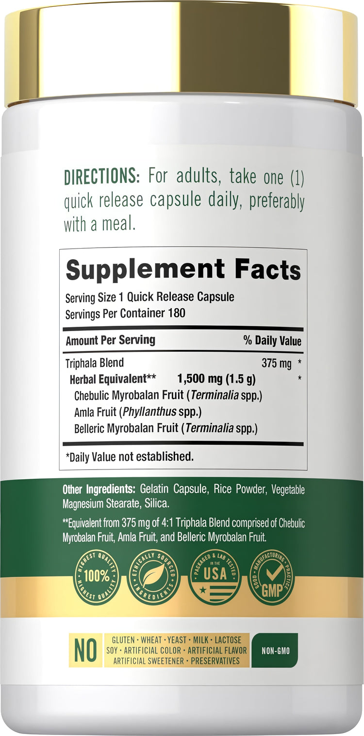 Supplement facts for Carlyle Triphala, showing 1500 mg per serving in 180 capsules.