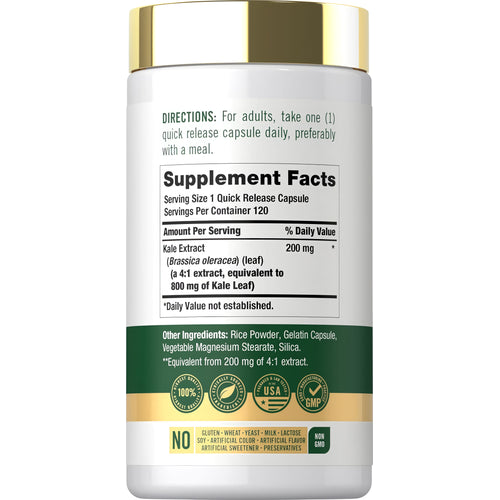 View 2 Supplement Facts label displaying details for Kale 800 mg, packaged in 120 capsules.