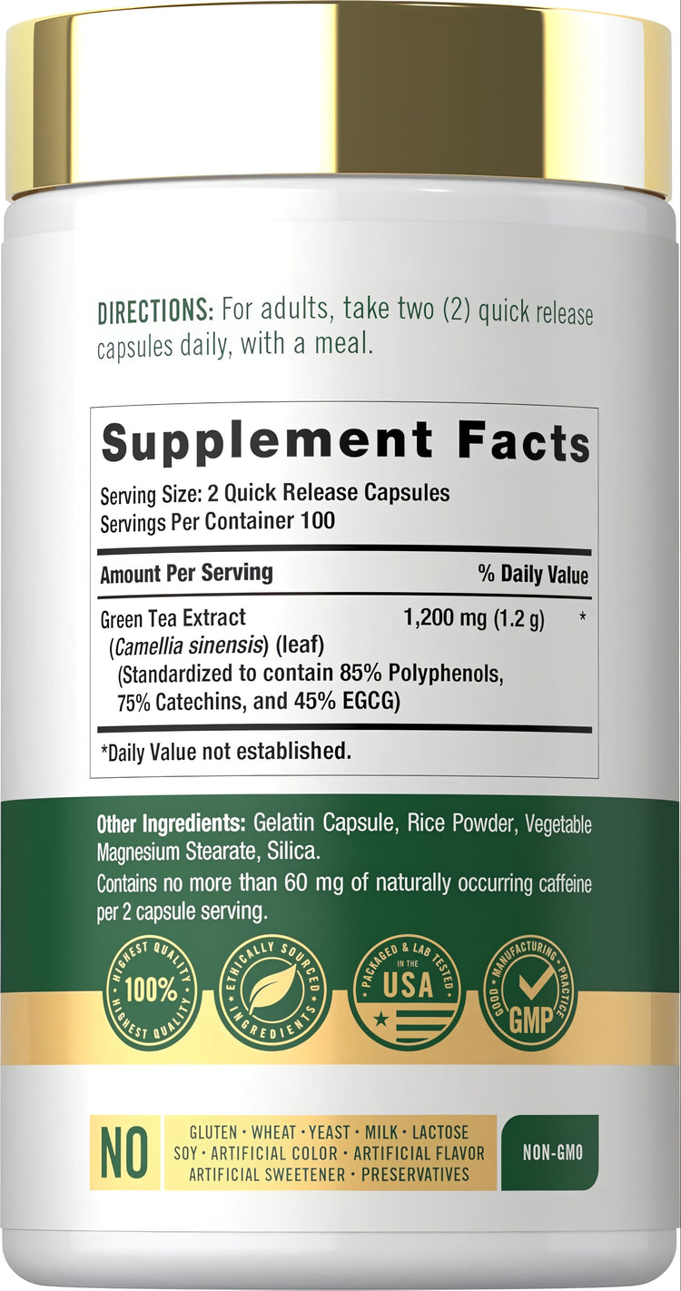 Carlyle EGCG Green Tea Extract 1200 mg, 200 quick-release capsules in a bottle.