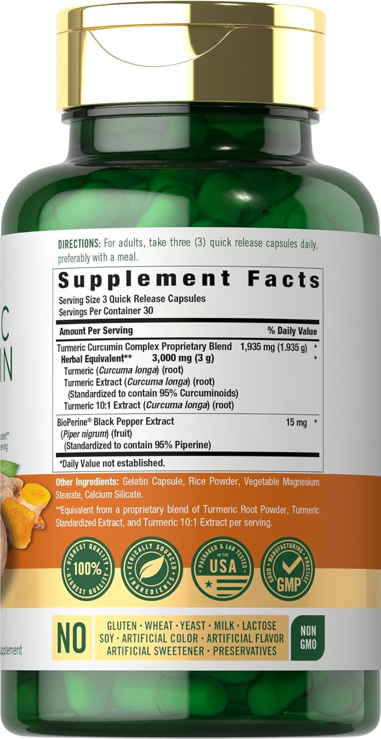 Supplement Facts panel displaying Turmeric Curcumin 3000 mg, 90 Capsules.