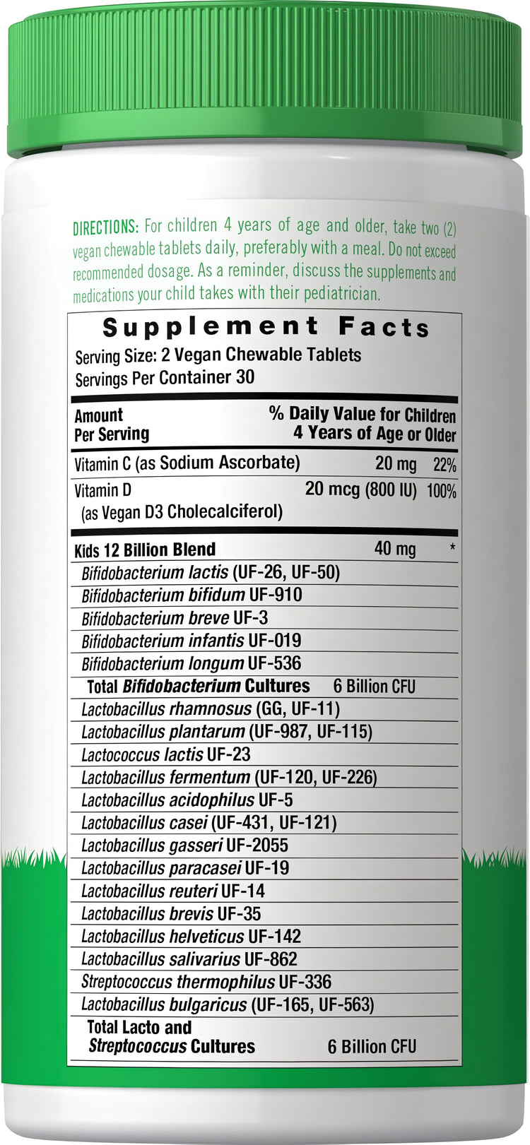 Supplement Facts panel for Organic Kids 12B Probiotic Chewable, 60 Tablets.