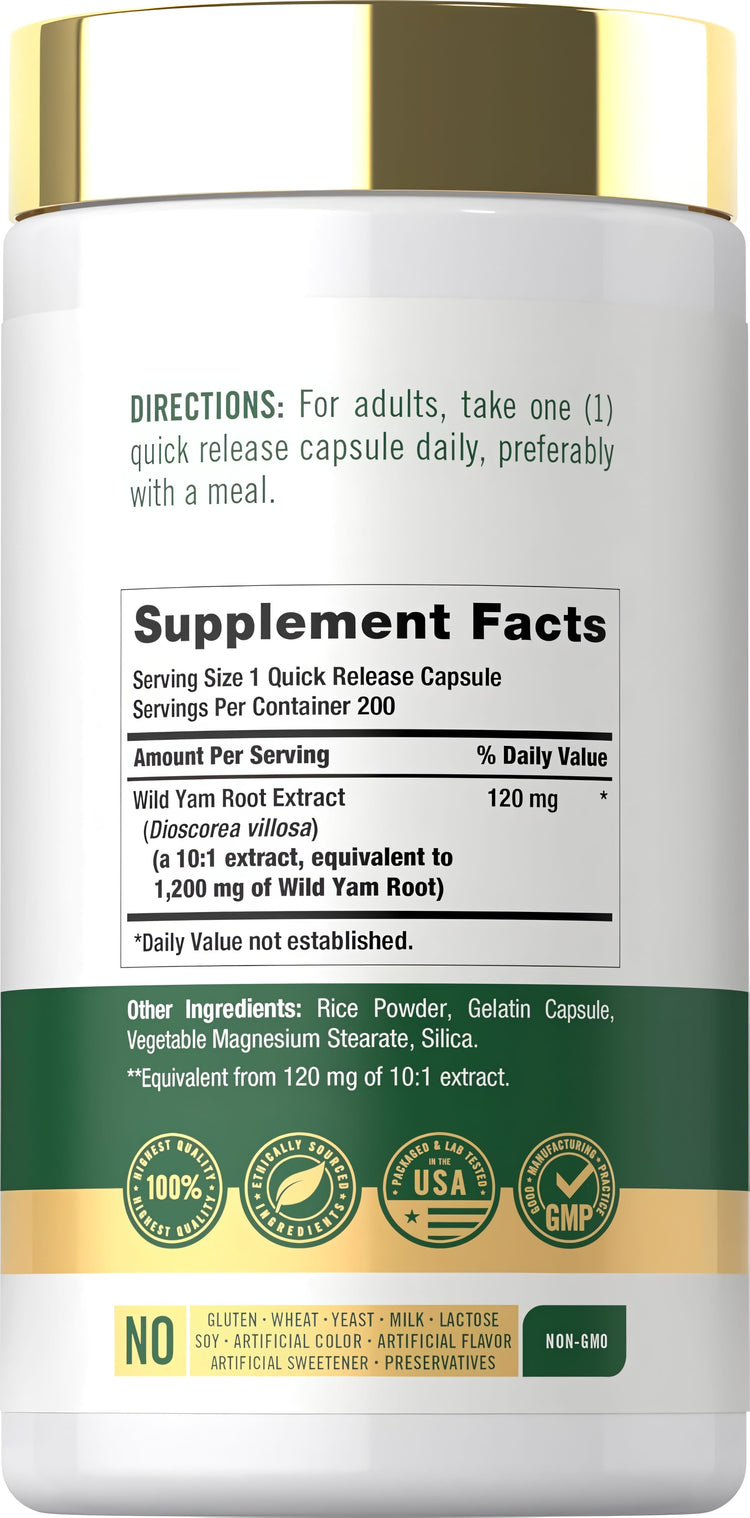 Supplement Facts panel for CL Carlyle Wild Yam Root 1200 mg, 200 capsules.