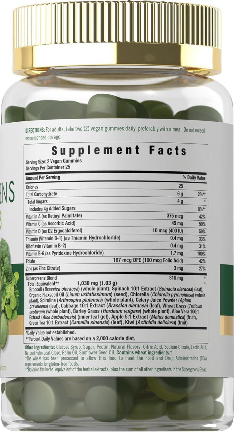 Supplement Facts panel displaying details for Carlyle Supergreens 50 Gummies.
