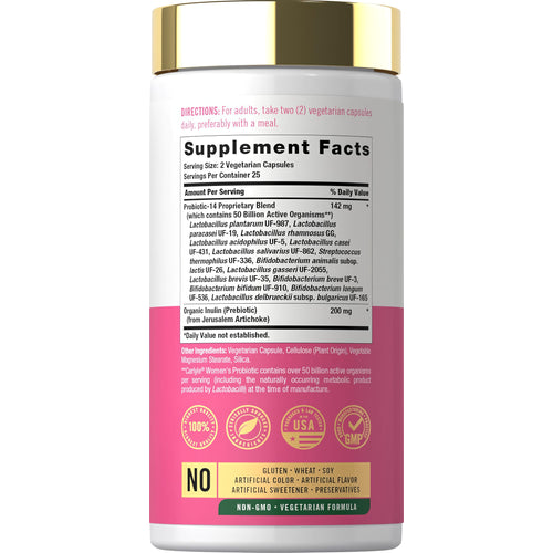 View 2 Supplement Facts for Carlyle for her Prebiotic & Probiotic, 50 capsules.