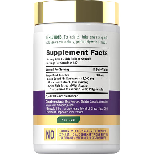 View 2 Supplement Facts panel for Carlyle Grapeseed 4000 Complex with 120 capsules.