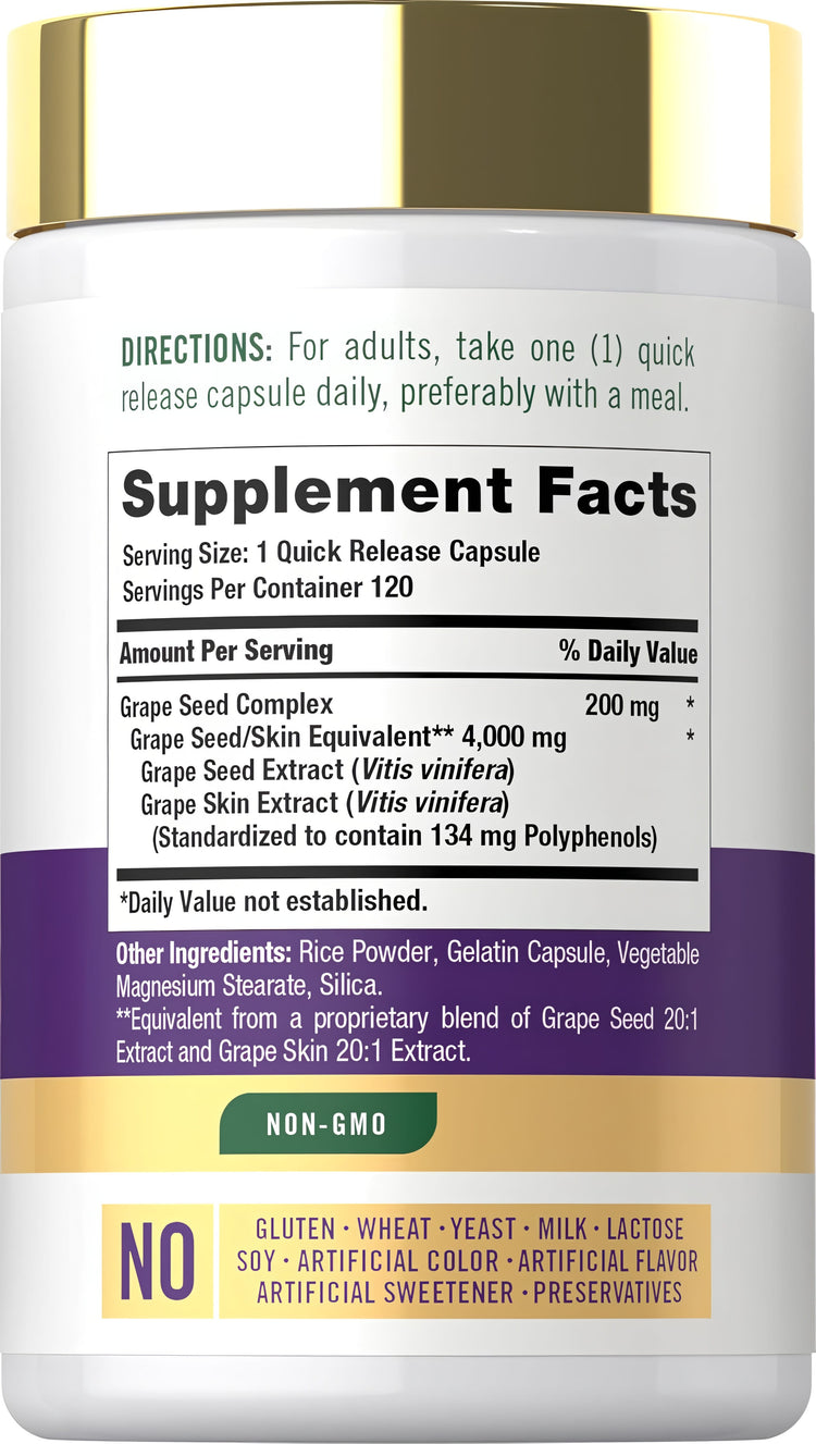 Supplement Facts panel for Carlyle Grapeseed 4000 Complex with 120 capsules.