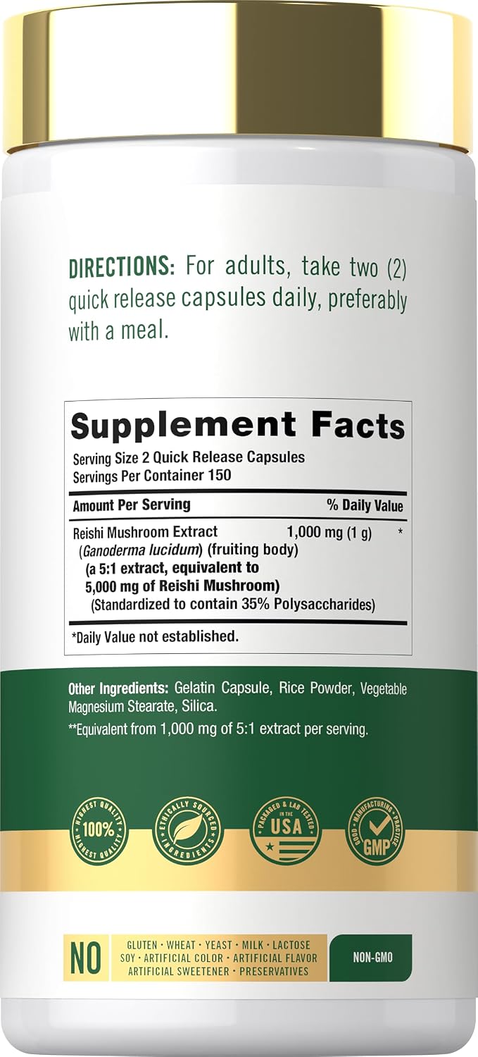 Supplement Facts panel for Carlyle Reishi Mushroom Standard Extract 5000 mg with 300 capsules shown.