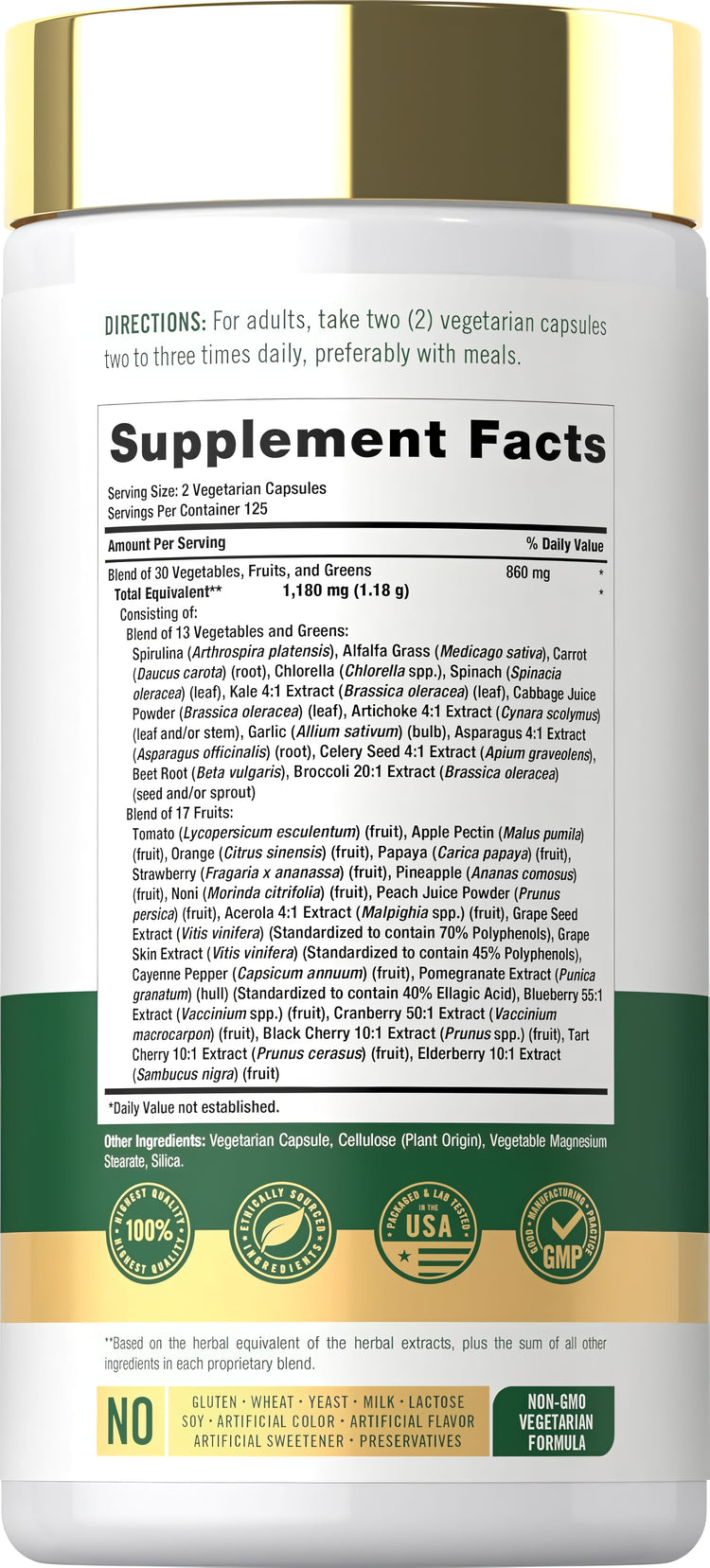 Supplement Facts panel for Carlyle Daily Fruit & Veggies, showing dietary information for 250 capsules.