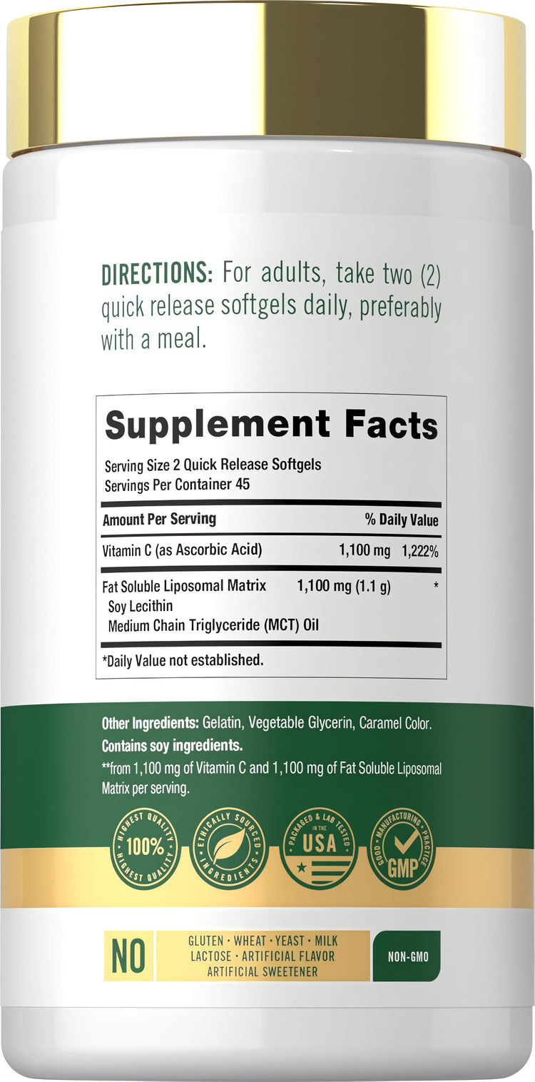 Supplement Facts panel showing details for Carlyle Liposomal Vitamin C 2200mg, 90 Softgels.