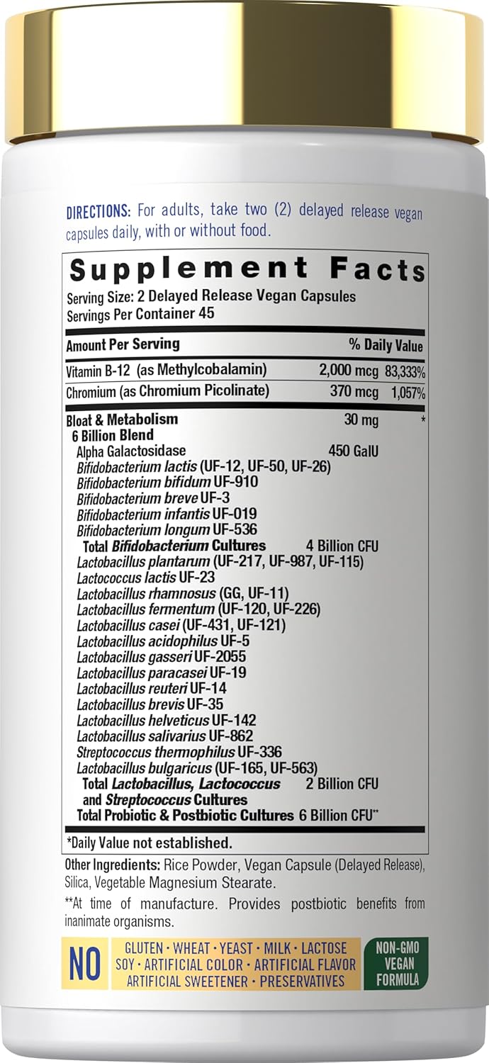 Supplement Facts panel detailing ingredients and dosage for Bloating Metabolism Probiotic.