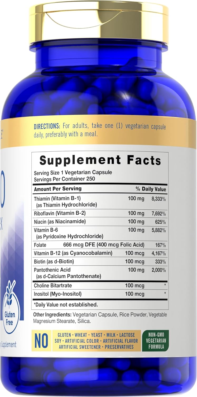 Carlyle Super B-100 Complex 250 Capsules. Gluten-free, non-GMO, vegetarian formula.