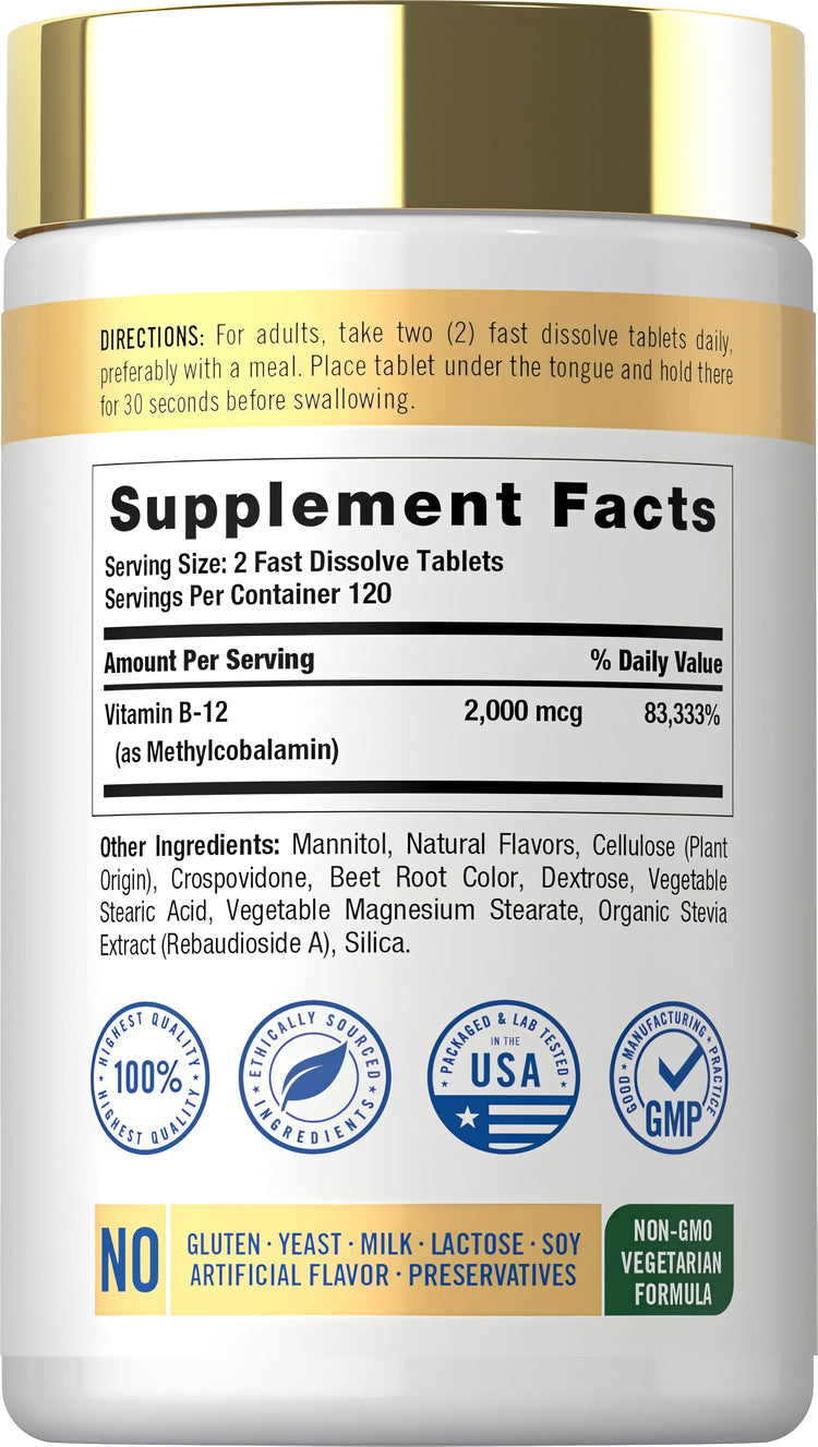 Supplement Facts panel for B12 Methylcobalamin 2000 mcg 240 Tablet.
