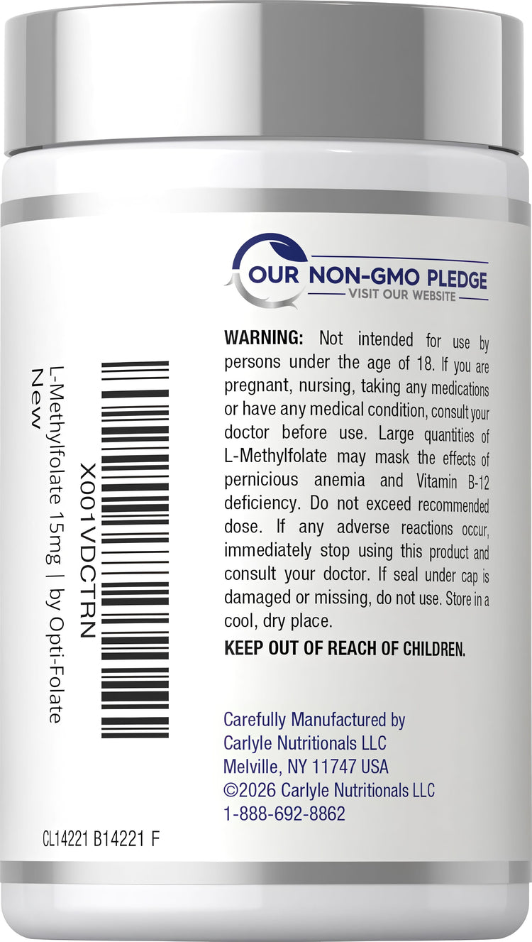 Opti-Folate L-Methylfolate 15mg supplement bottle showing Our Non-GMO Pledge logo, brand new product.