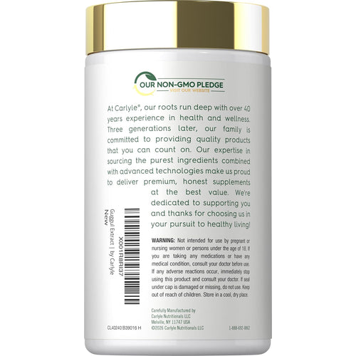 View 3 CL Guggul Ext 1500 mg 180 Caps bottle with label featuring 'Our Non-GMO Pledge', company info, and warning notice.