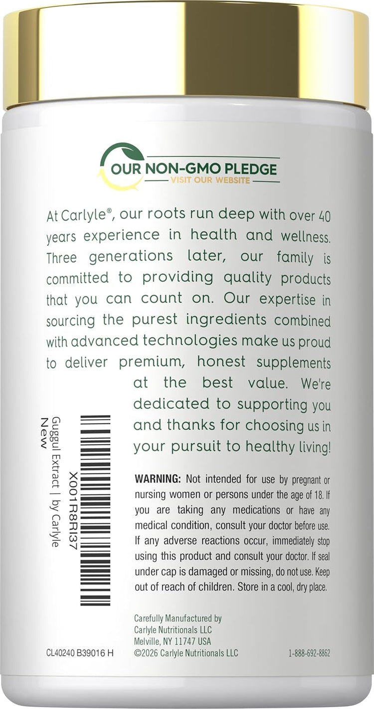 CL Guggul Ext 1500 mg 180 Caps bottle with label featuring 'Our Non-GMO Pledge', company info, and warning notice.