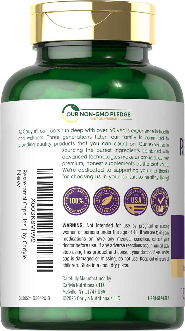 Carlyle Resveratrol 1800 mg Complex in a bottle with 180 capsules visible.
