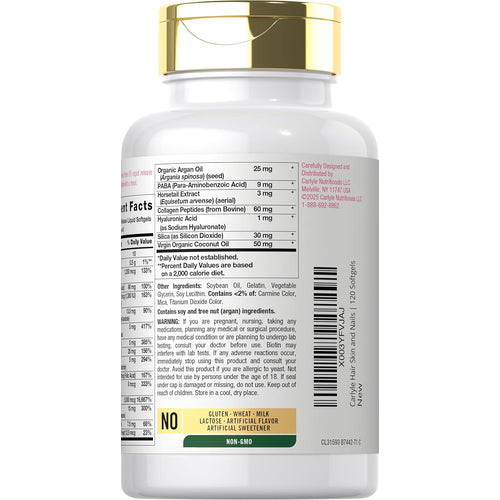 View 3 Carlyle Hair Skin and Nails 120 Softgels bottle, label states NO Gluten & Wheat, Milk & Lactose, Artificial Flavor/Sweetener, and Non-GMO.