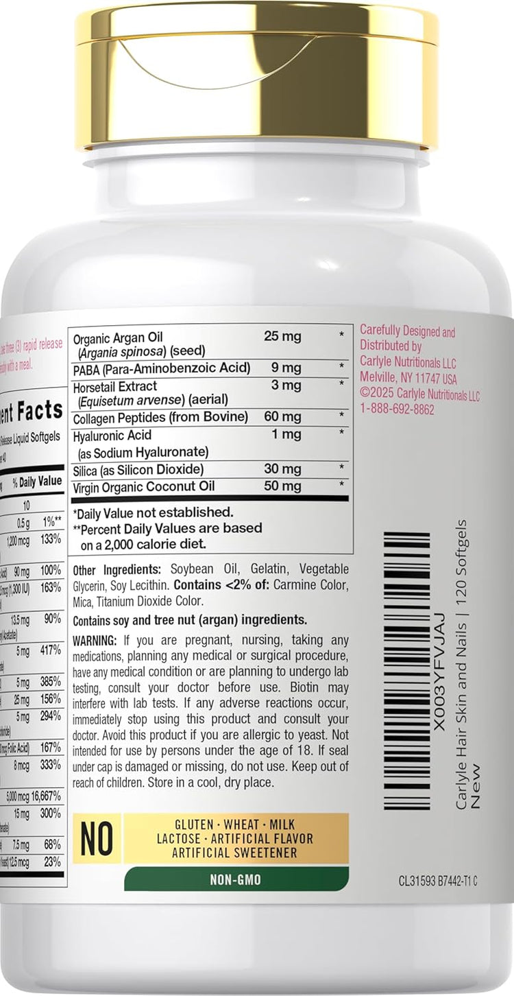 Carlyle Hair Skin and Nails 120 Softgels bottle, label states NO Gluten & Wheat, Milk & Lactose, Artificial Flavor/Sweetener, and Non-GMO.