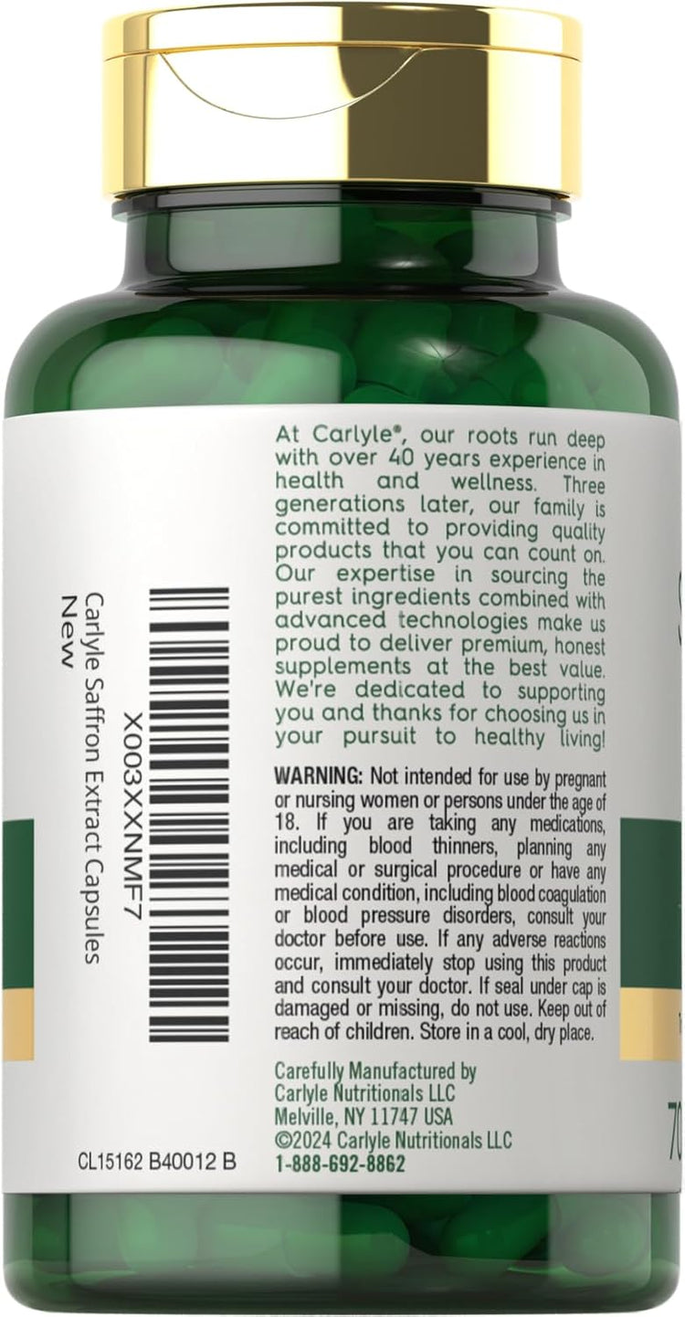 Carlyle Saffron supplement with 88.5mg per capsule, available in a bottle of 70 capsules.