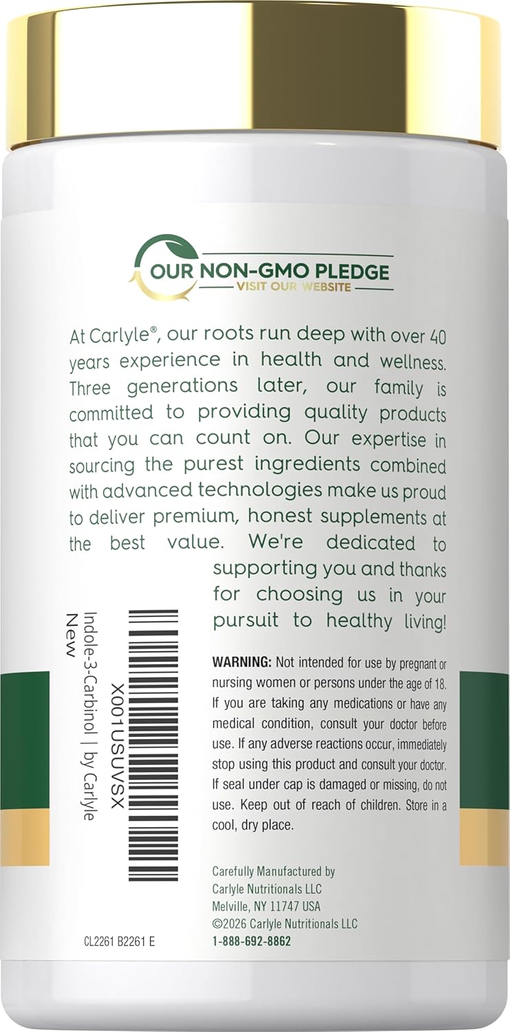 Indole-3-Carbinol bottle with 120 capsules and a Non-GMO pledge.