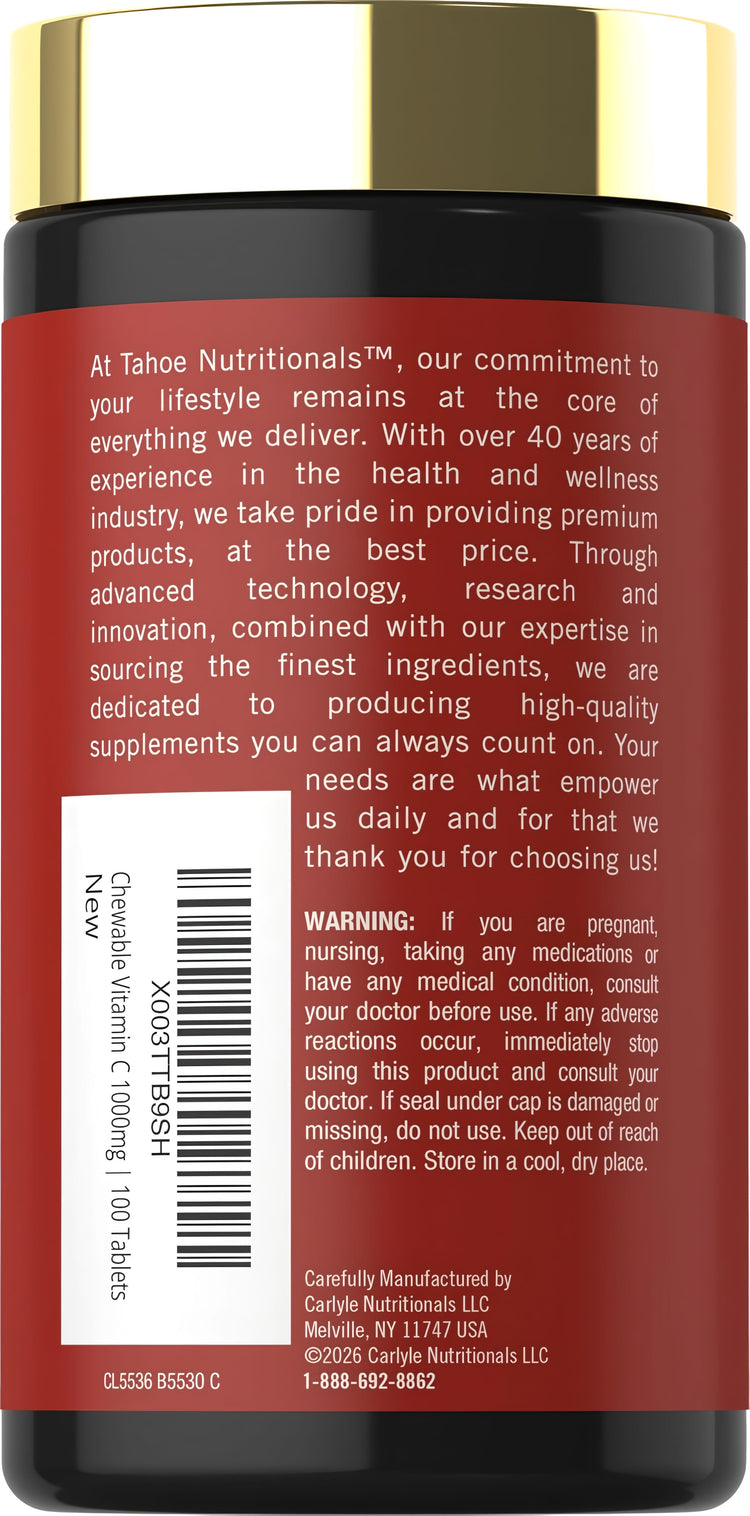 Tahoe Nutritionals Chewable Vitamin C 1000mg tablets, 100 count, displayed in a bottle for boosting vitamin C intake.