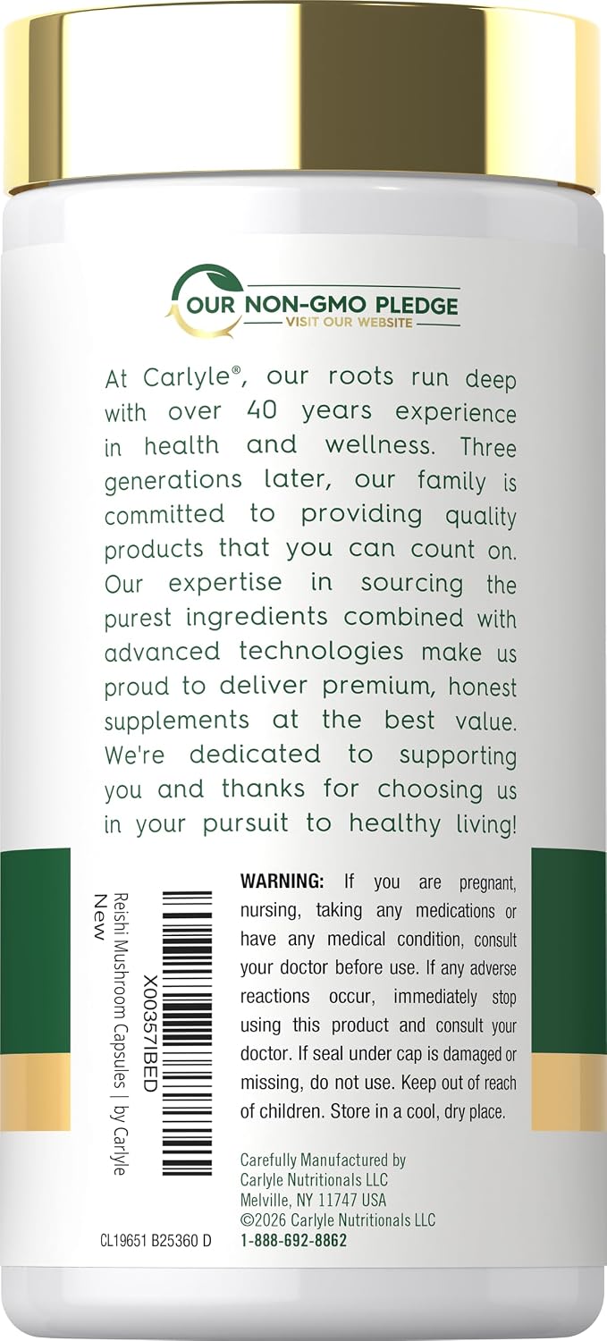 Carlyle Reishi Mushroom 5000 mg supplement, 300 capsules, non-GMO.