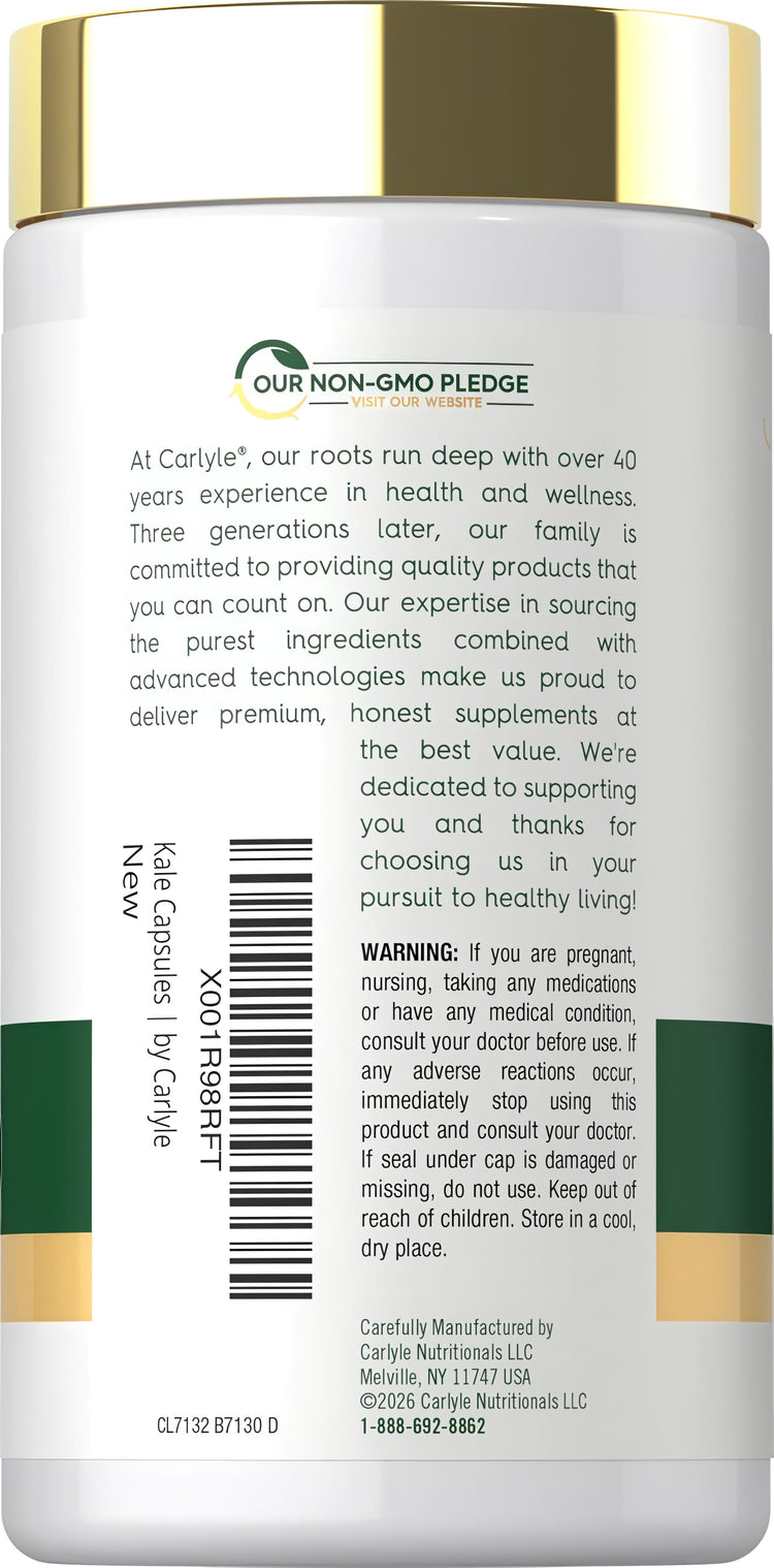 Carlyle Kale 800 mg, 120 capsules, featuring the Non-GMO Pledge logo on the label.