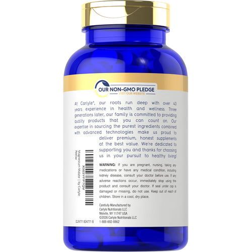 View 3 Carlyle Magnesium Malate 1800 mg 420 Coated Caplets back label showing 'OUR NON-GMO PLEDGE' and warning information.