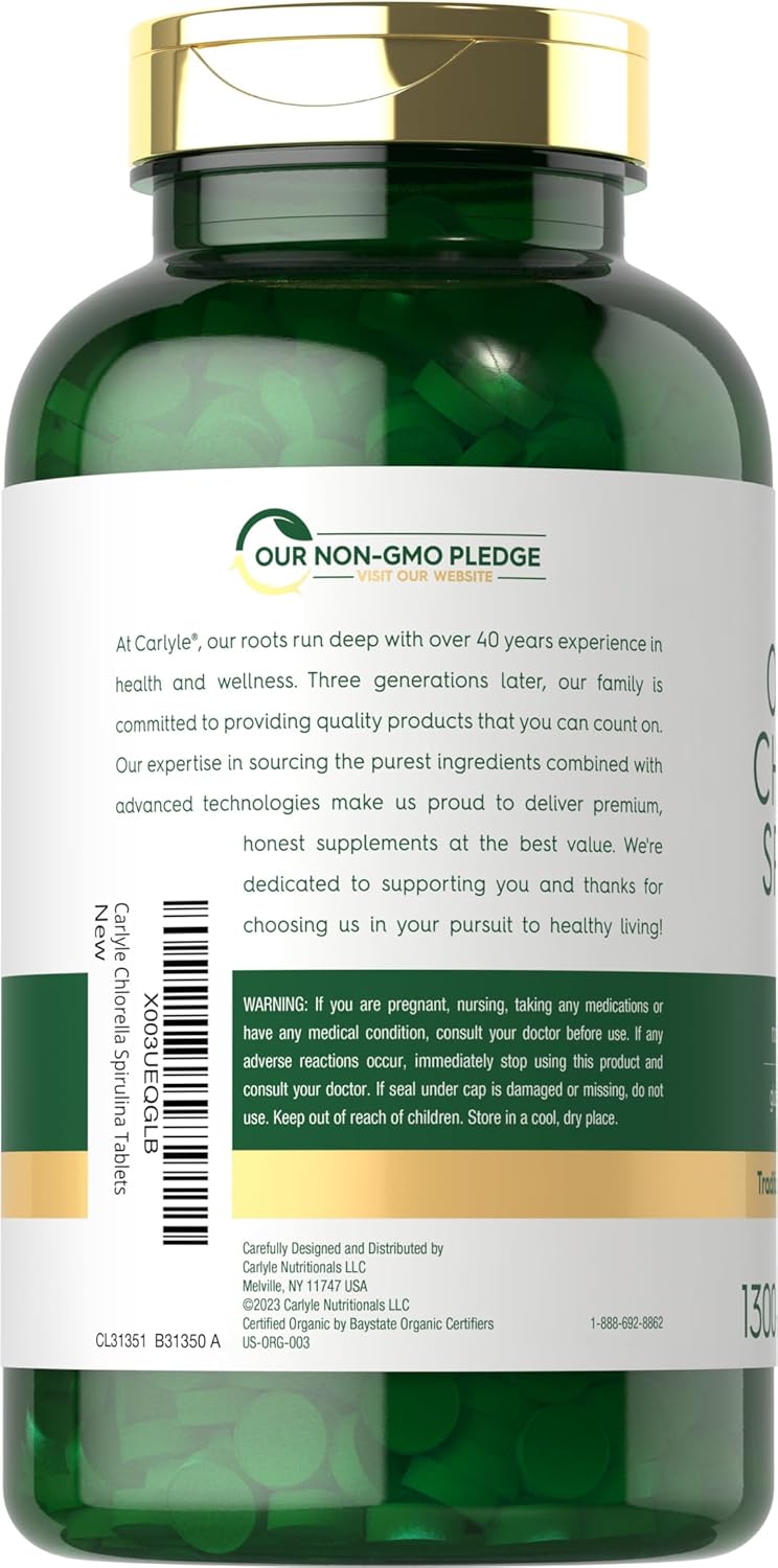 Carlyle Organic Chlorella Spirulina Tablets, 1300 count, displayed in product packaging.