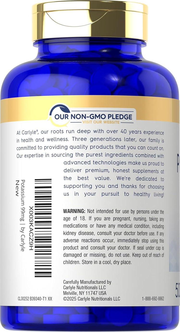Carlyle 99 mg Potassium tablets, 500 count, with non-GMO pledge.