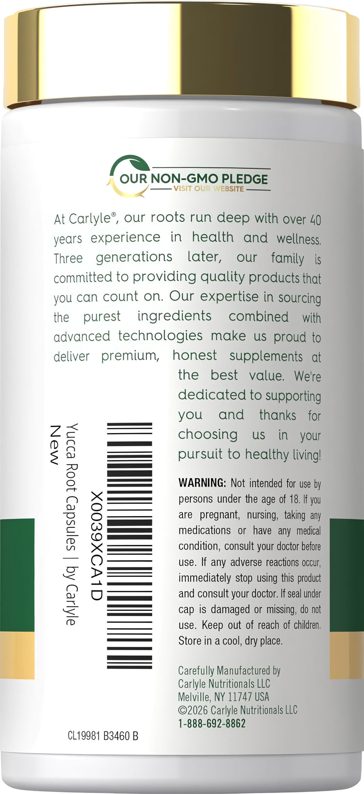 Carlyle Yucca Root 1000 mg, 120 capsules bottle featuring the 'OUR NON-GMO PLEDGE' logo.