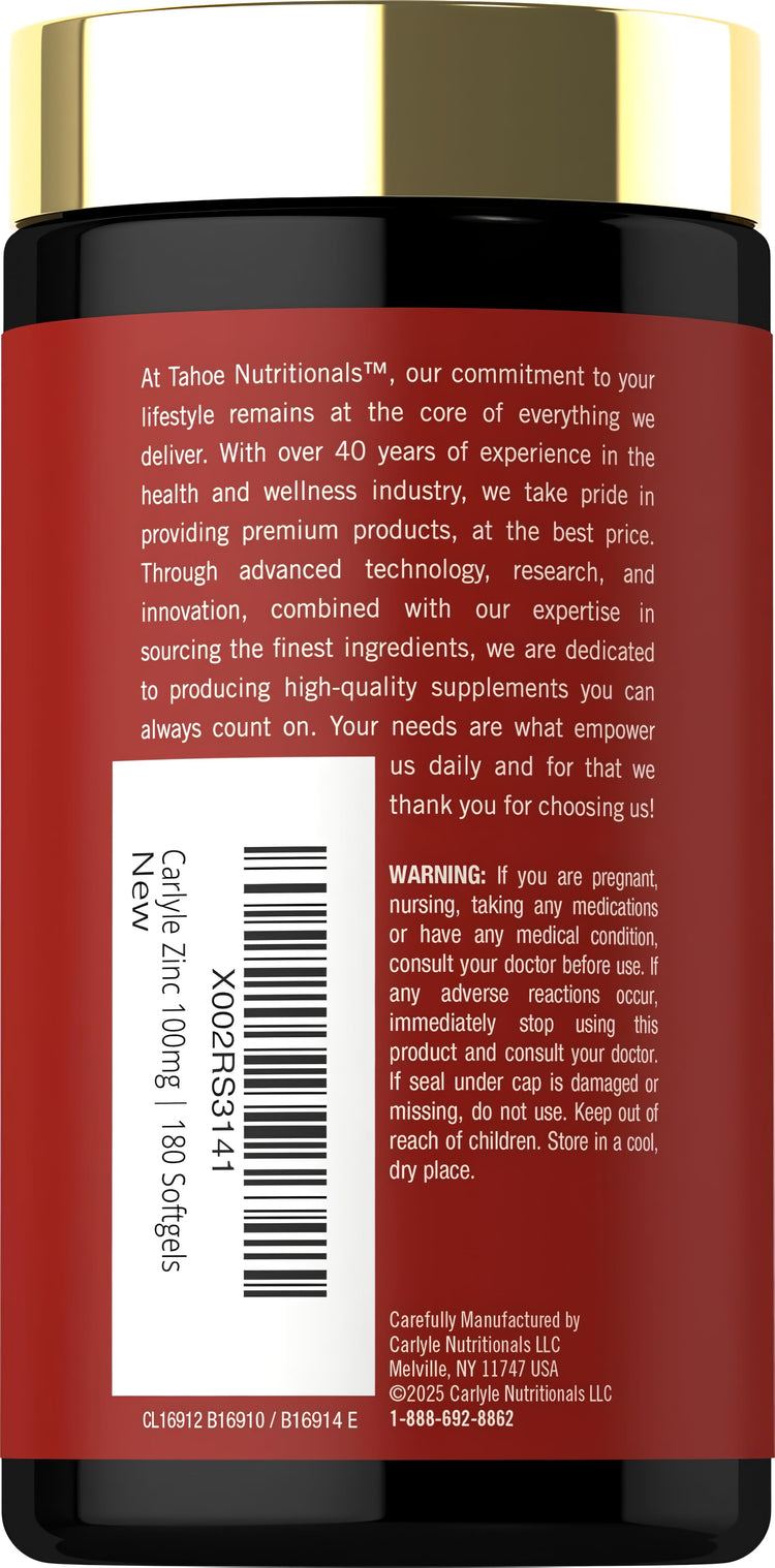 Bottle of Tahoe Nutritionals Carlyle Zinc, 100mg, 180 softgels.