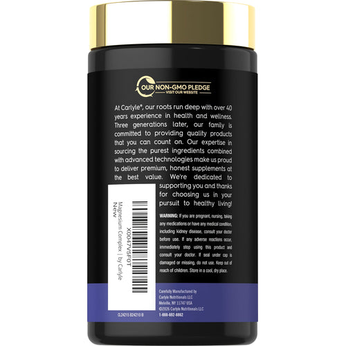 View 3 Carlyle 10 Magnesium Complex 120 Veggie Caps, back label showing Our Non-GMO Pledge and company information.