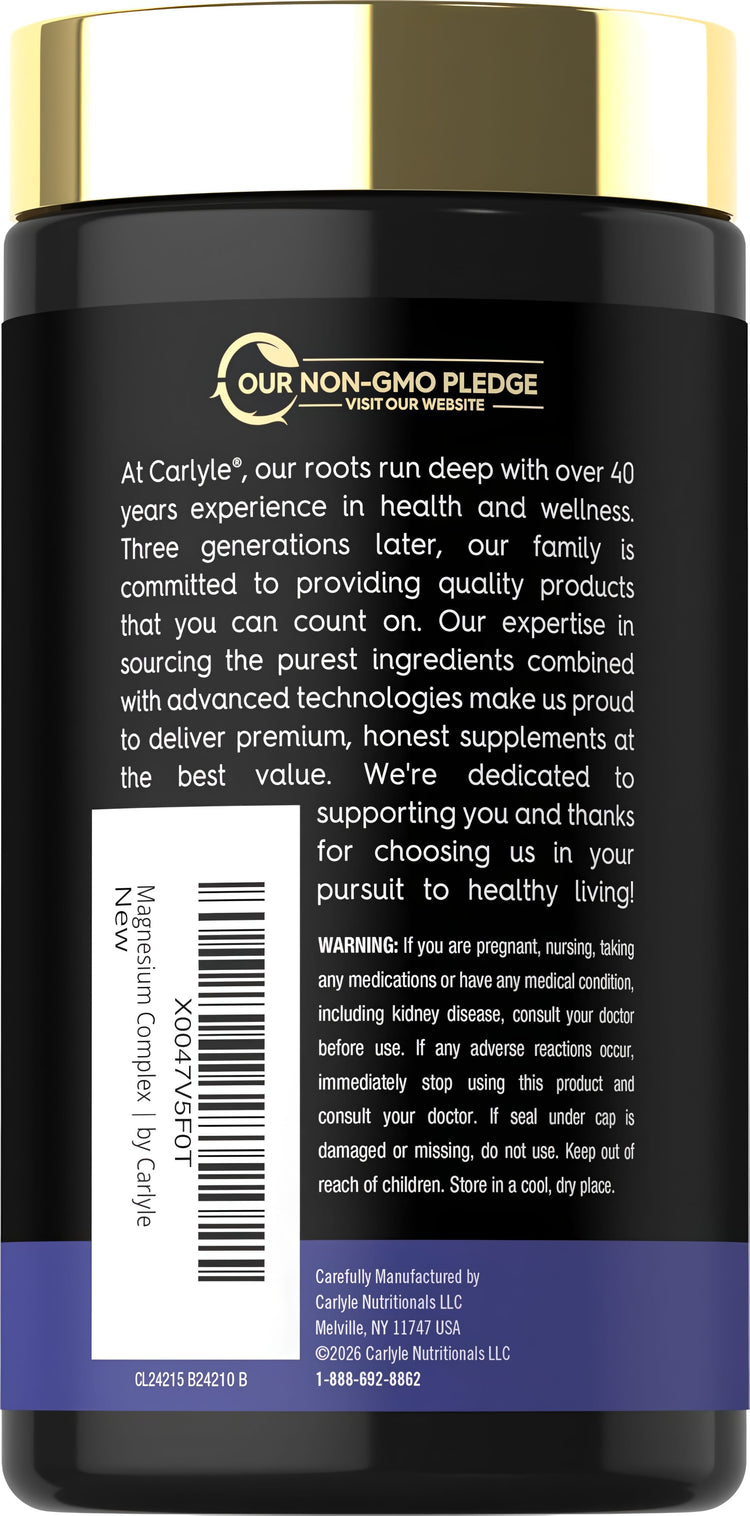 Carlyle 10 Magnesium Complex 120 Veggie Caps, back label showing Our Non-GMO Pledge and company information.