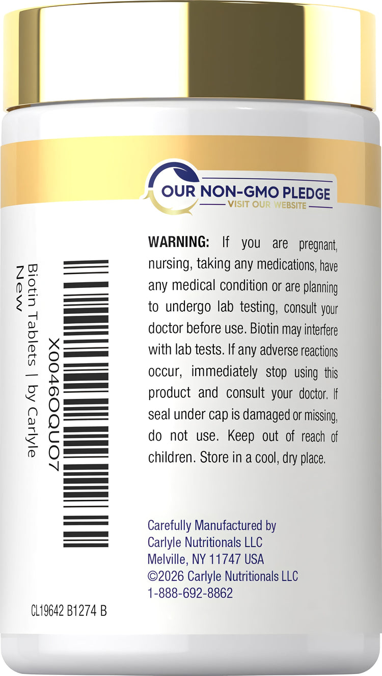 Carlyle Biotin Tablets bottle featuring a 'New' badge and a 'Our Non-GMO Pledge' logo.