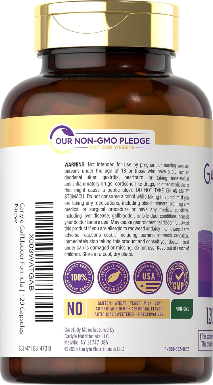 Carlyle Gallbladder Formula with 120 capsules in a bottle, designed for gallbladder support and health.
