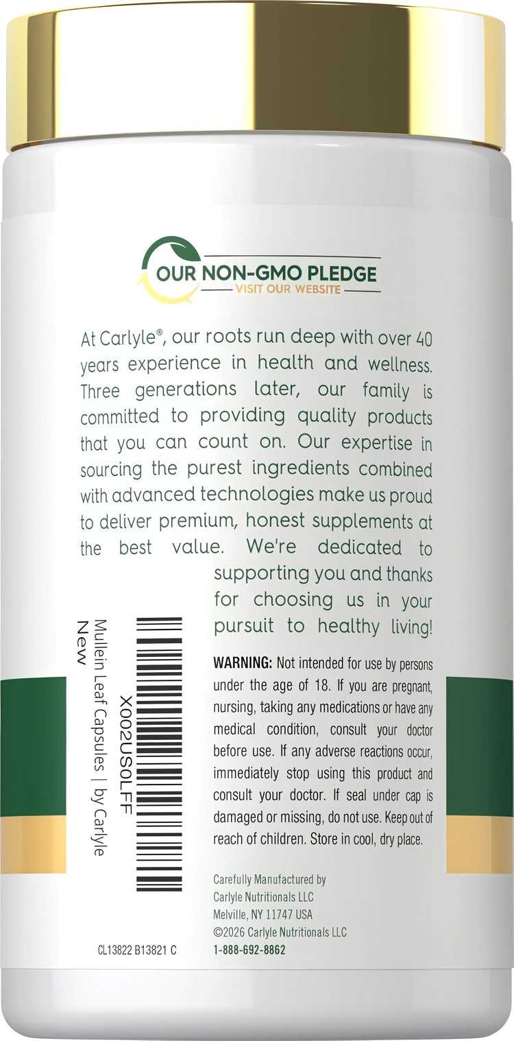 Carlyle Mullein Leaf bottle contains 1500 mg and 200 capsules.