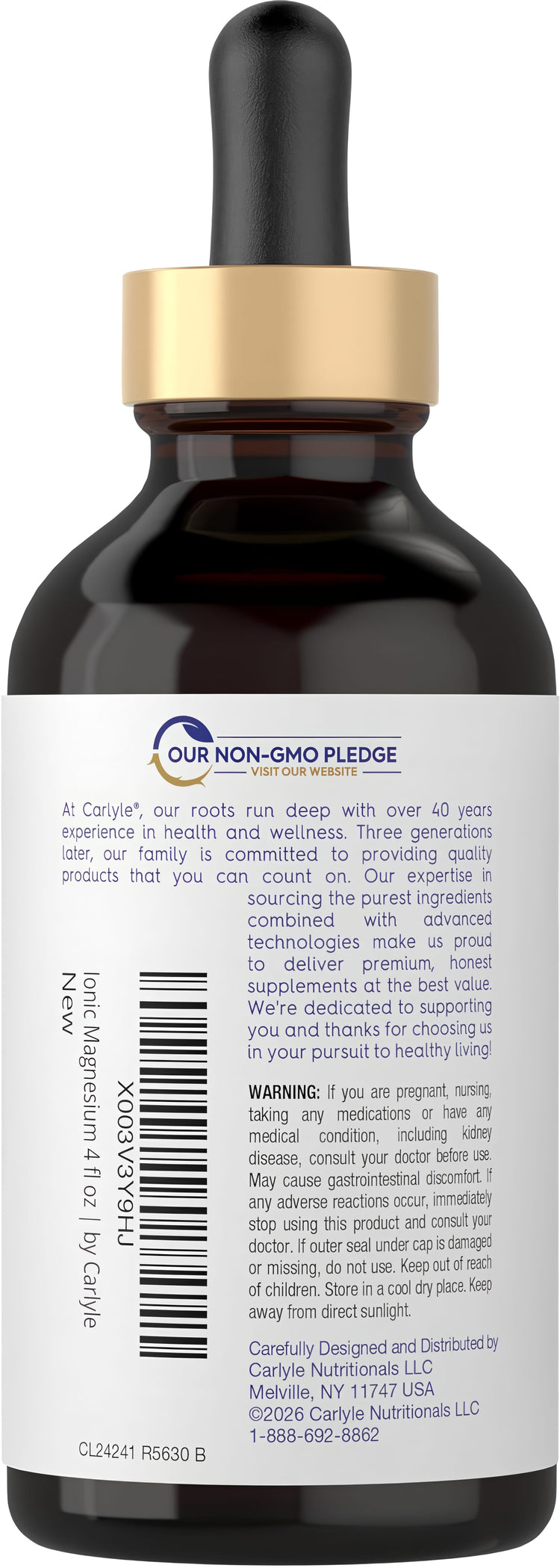 Carlyle Liquid Ionic Magnesium supplement, 400mg per 4 fl oz bottle, provides essential mineral support for overall health and wellness.