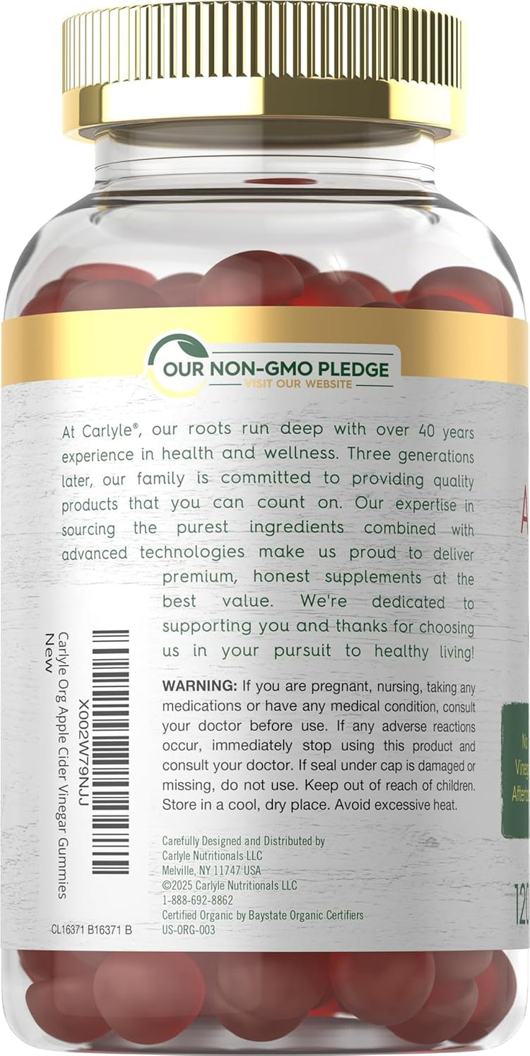 Bottle of Carlyle Org Apple Cider Vinegar Gummies, contains 120 gummies.