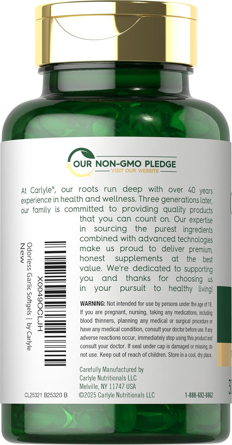Carlyle Odorless Garlic 8,000mg (2x4,000mg) with 300 softgels for dietary support.