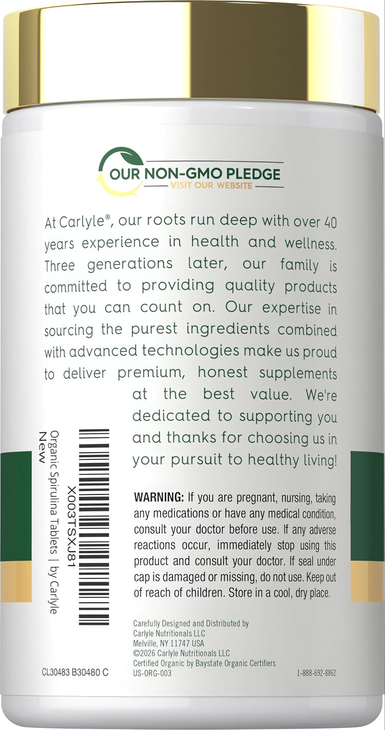 Carlyle Organic Spirulina 3500mg bottle with 500 tablets.