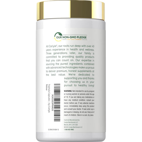 View 3 Carlyle Triphala supplement bottle containing 180 capsules, each with a dosage of 1500 mg for digestive health and wellness.