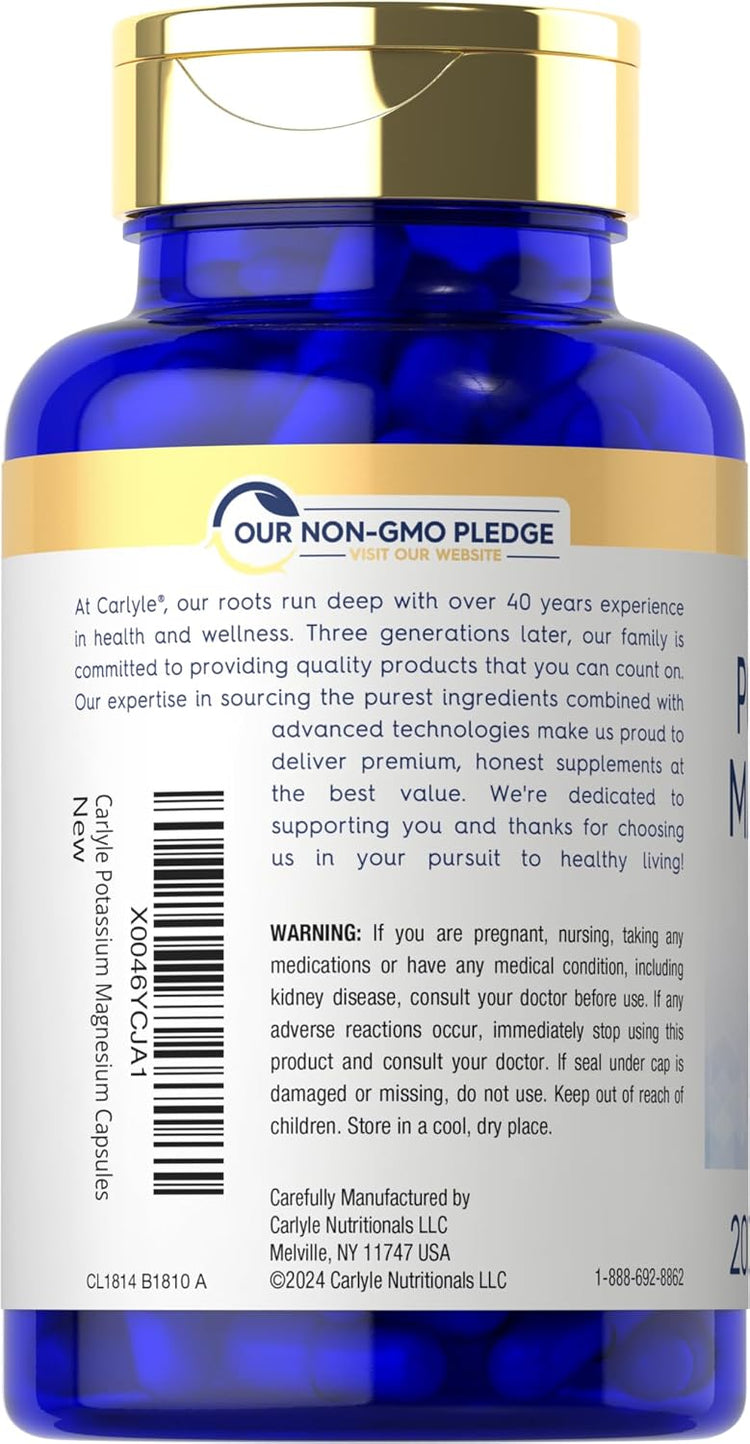 Carlyle Potassium Magnesium supplement, 200 capsule bottle.