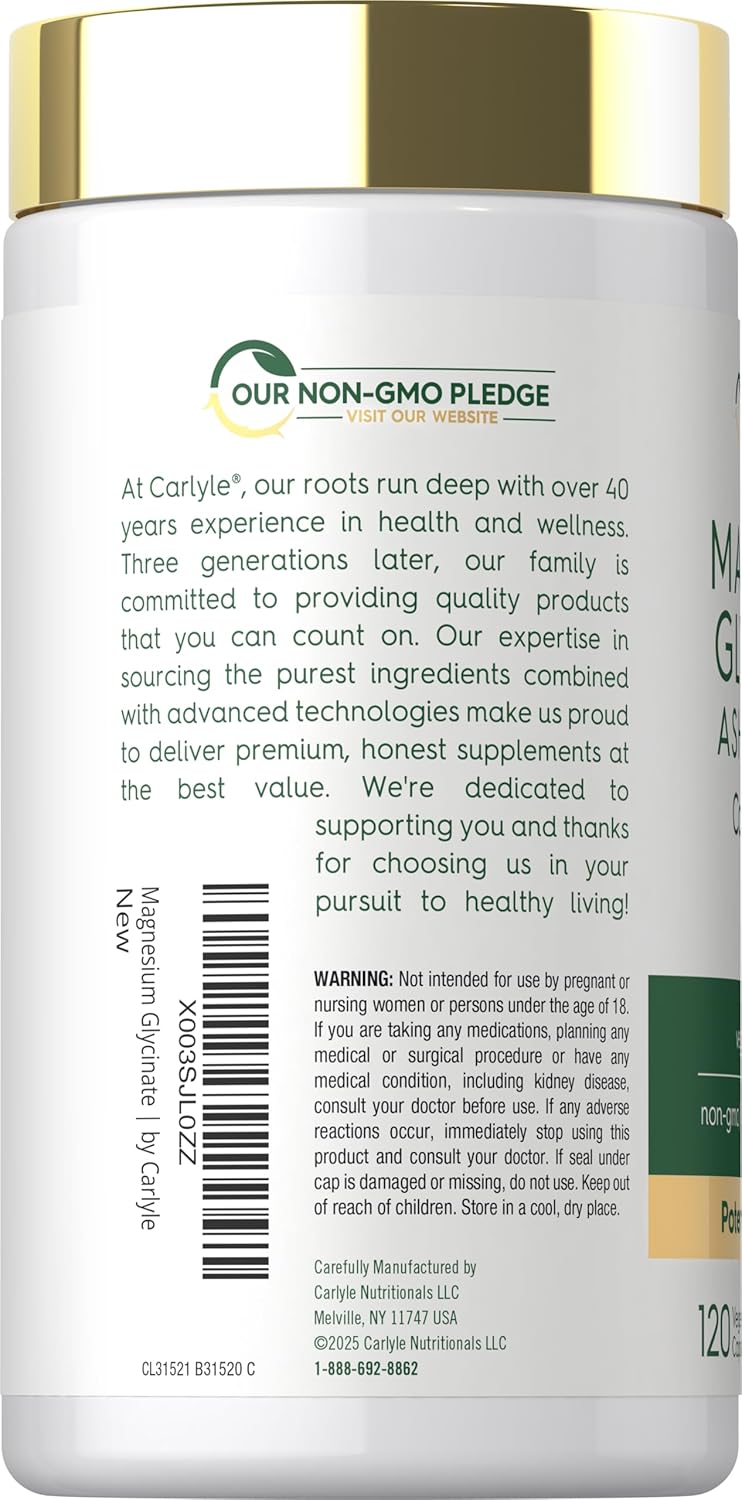 Carlyle Magnesium Glycinate + Ashwagandha 120 Veggie Caps bottle with 'OUR NON-GMO PLEDGE' logo.