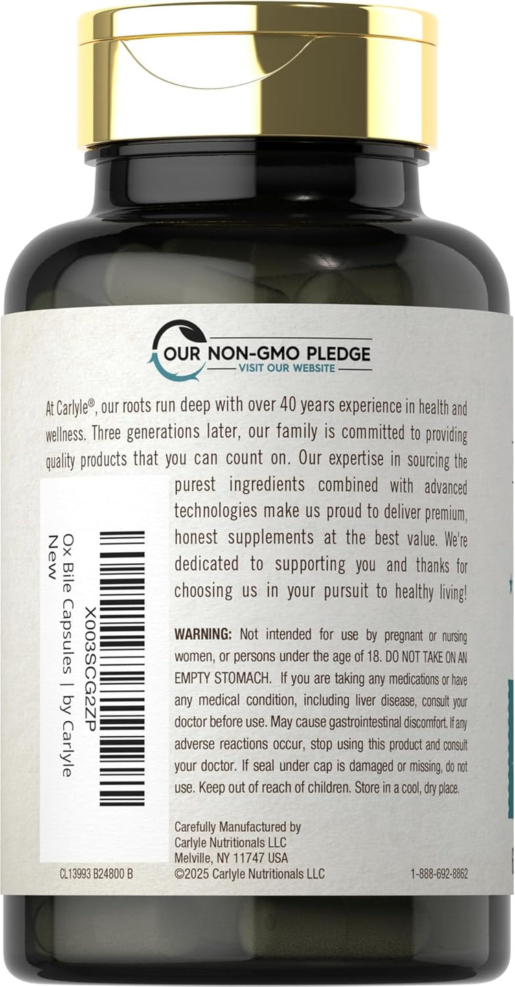 Carlyle Ox Bile supplement, 500 mg, includes 60 capsules for digestive support.